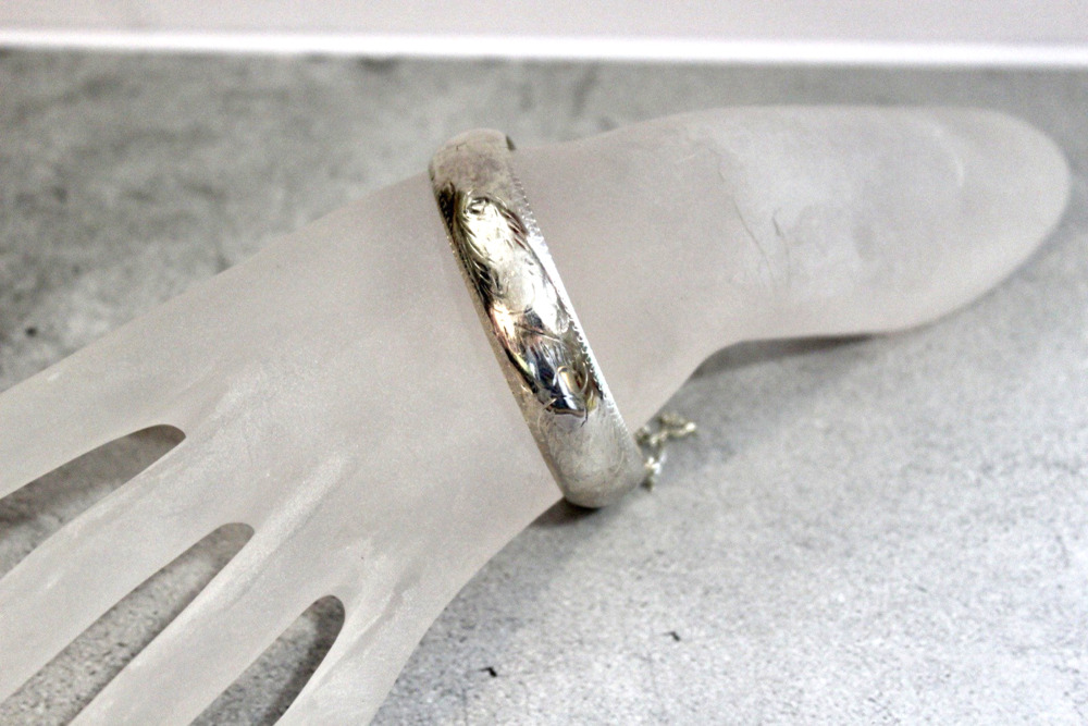 Vintage Sterling Silver Etched Hinged Bangle Designer Signed IBB